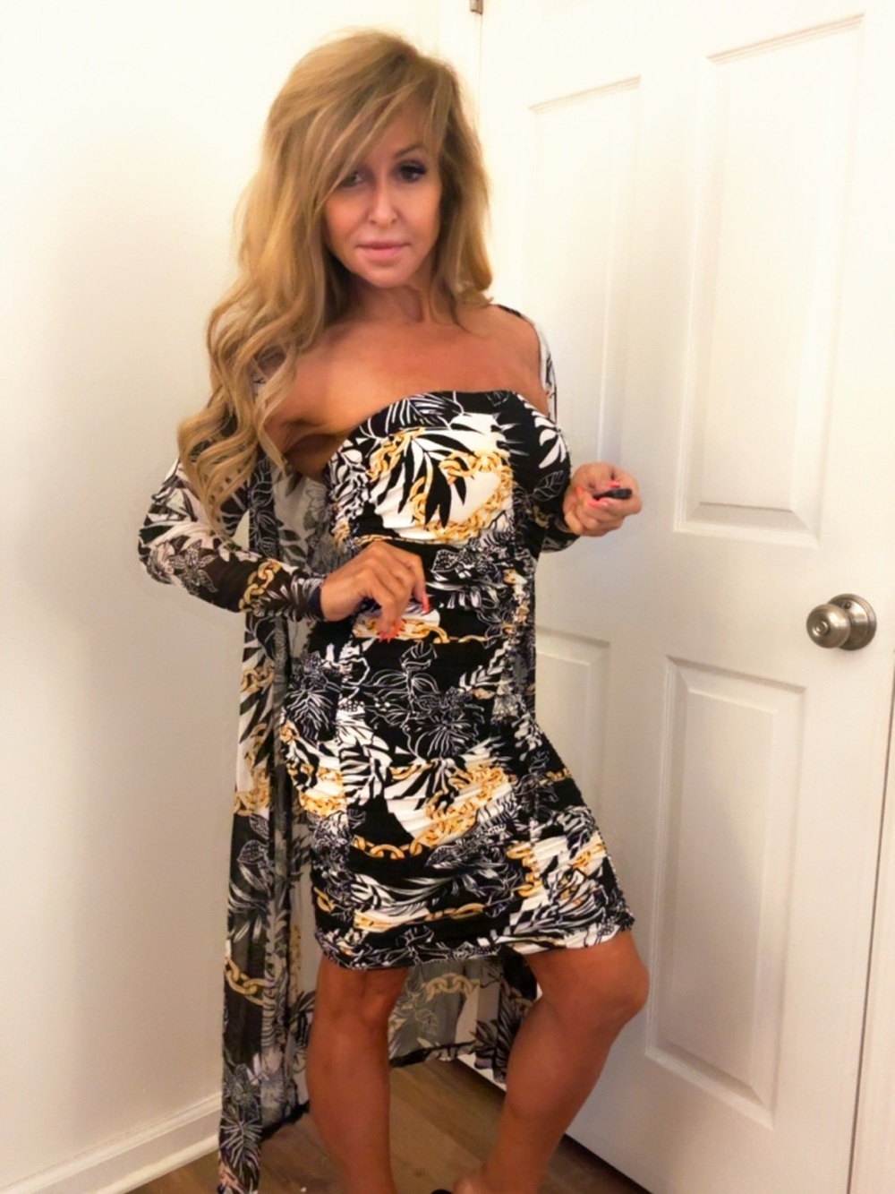 Versatile Black & Gold Tropical Print Strapless Mini Dress with Matching Duster